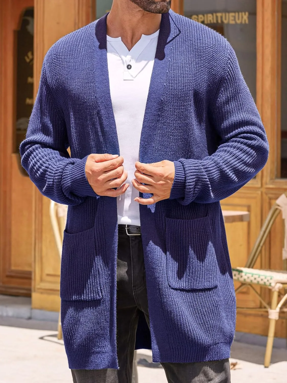 Runcati Mens Cardigan Sweater Casual Cable Knit V Neck Open Front Ribbed Long Winter Sweaters