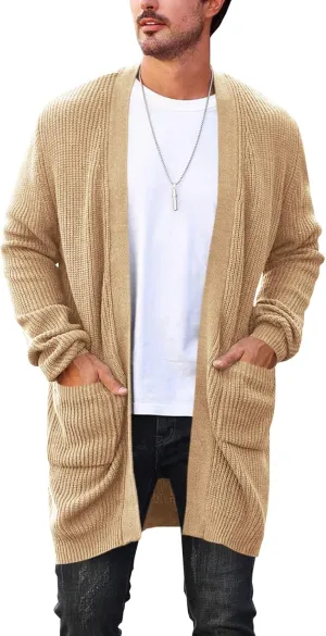 Runcati Mens Cardigan Sweater Casual Cable Knit V Neck Open Front Ribbed Long Winter Sweaters