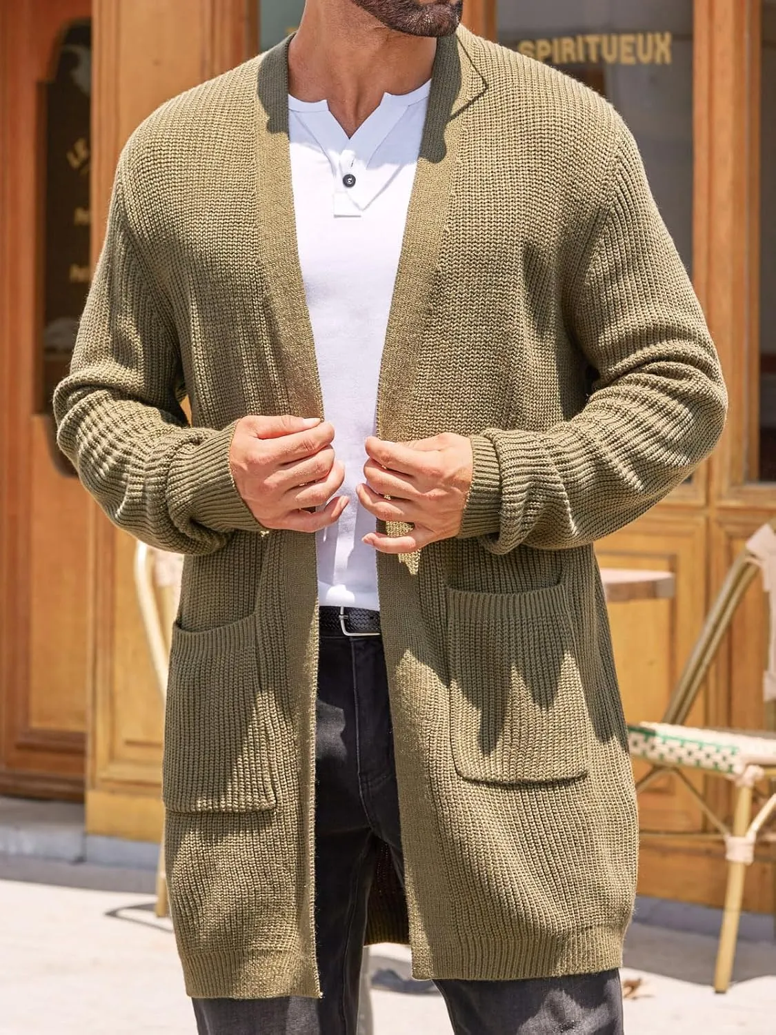 Runcati Mens Cardigan Sweater Casual Cable Knit V Neck Open Front Ribbed Long Winter Sweaters