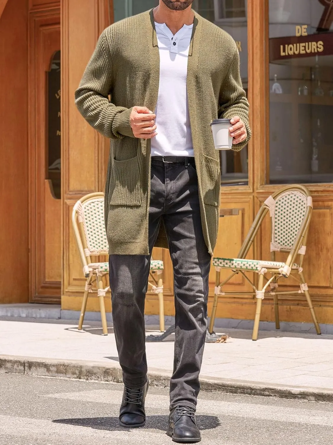 Runcati Mens Cardigan Sweater Casual Cable Knit V Neck Open Front Ribbed Long Winter Sweaters