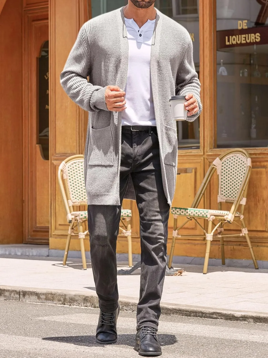 Runcati Mens Cardigan Sweater Casual Cable Knit V Neck Open Front Ribbed Long Winter Sweaters