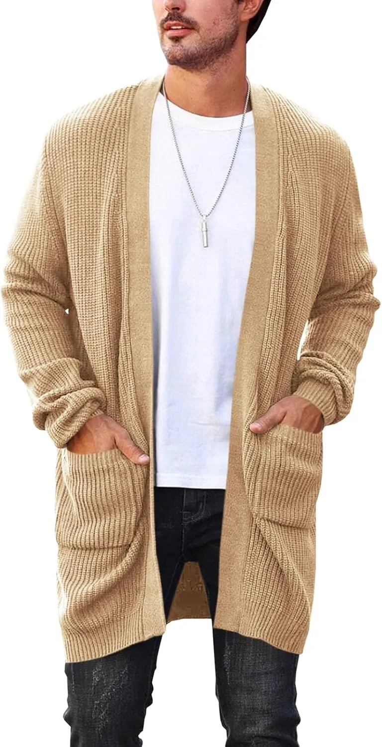 Runcati Mens Cardigan Sweater Casual Cable Knit V Neck Open Front Ribbed Long Winter Sweaters