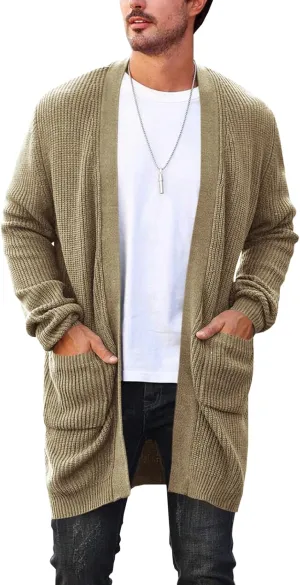 Runcati Mens Cardigan Sweater Casual Cable Knit V Neck Open Front Ribbed Long Winter Sweaters