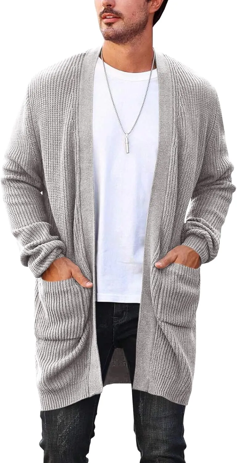 Runcati Mens Cardigan Sweater Casual Cable Knit V Neck Open Front Ribbed Long Winter Sweaters