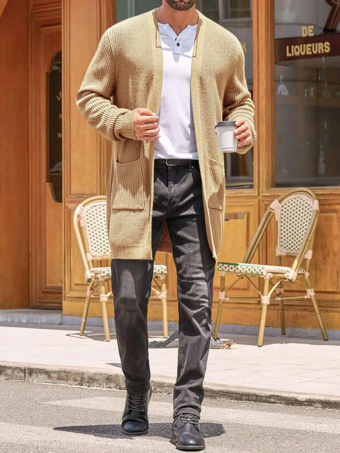 Runcati Mens Cardigan Sweater Casual Cable Knit V Neck Open Front Ribbed Long Winter Sweaters