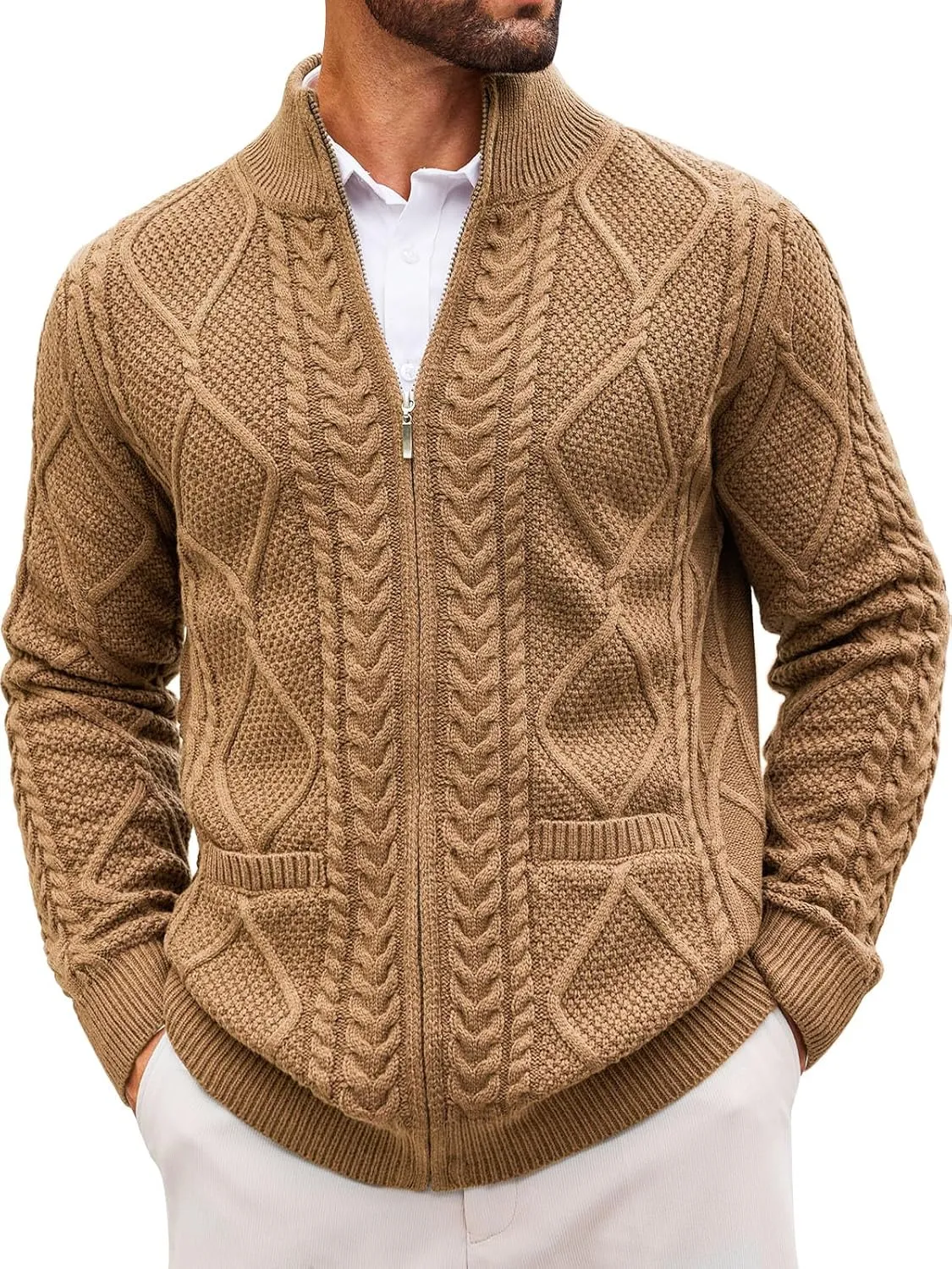 Runcati Mens Full Zip Cardigan Sweater Casual Cable Knitted Mock Neck Ribbed Winter Sweaters