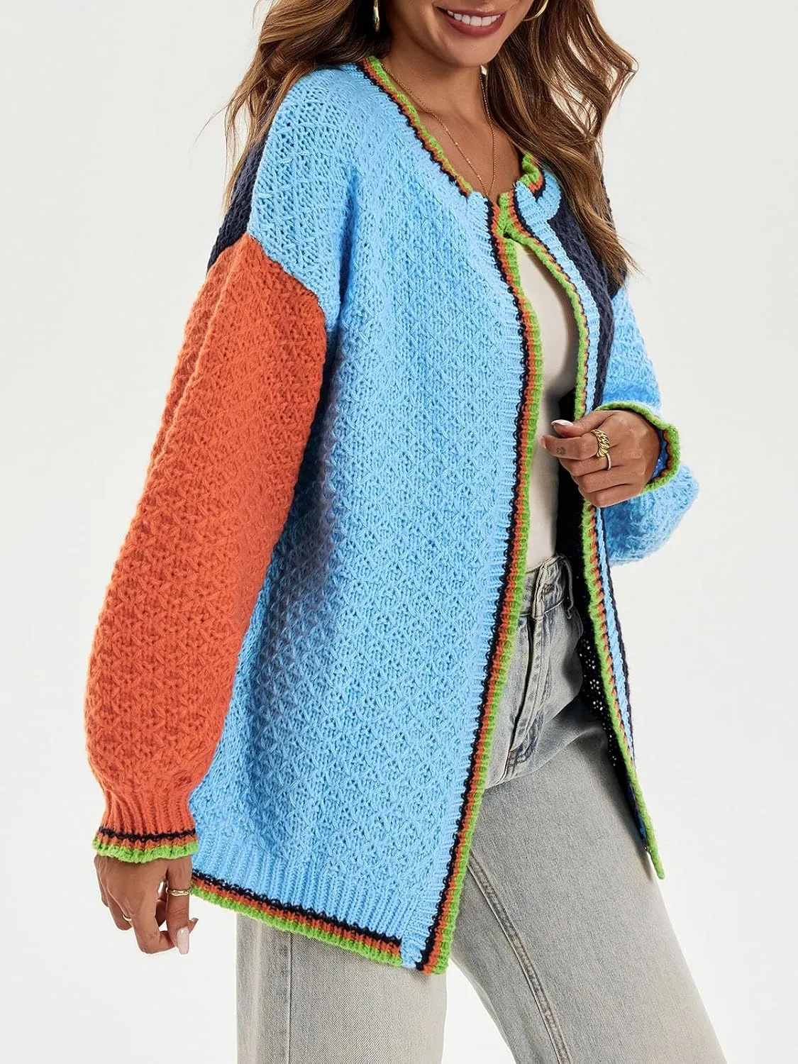 Saodimallsu Womens Color Block Cardigan Sweaters Open Front Chunky Knit Colorful Winter Sweater Coats