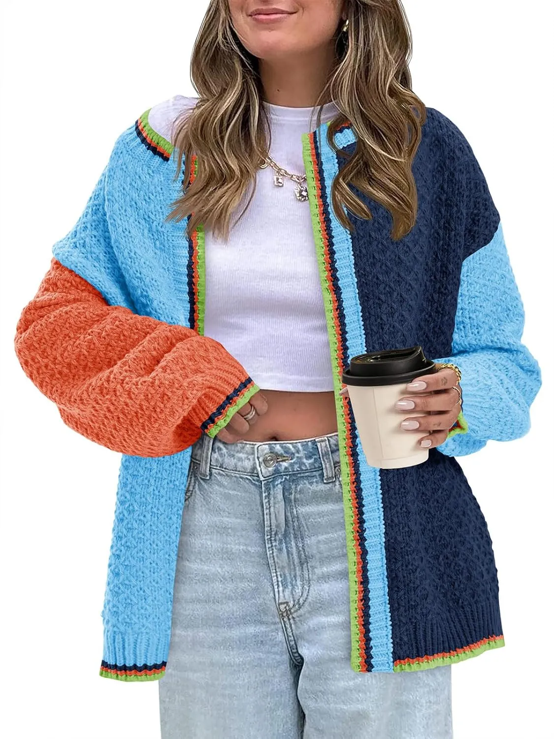 Saodimallsu Womens Color Block Cardigan Sweaters Open Front Chunky Knit Colorful Winter Sweater Coats