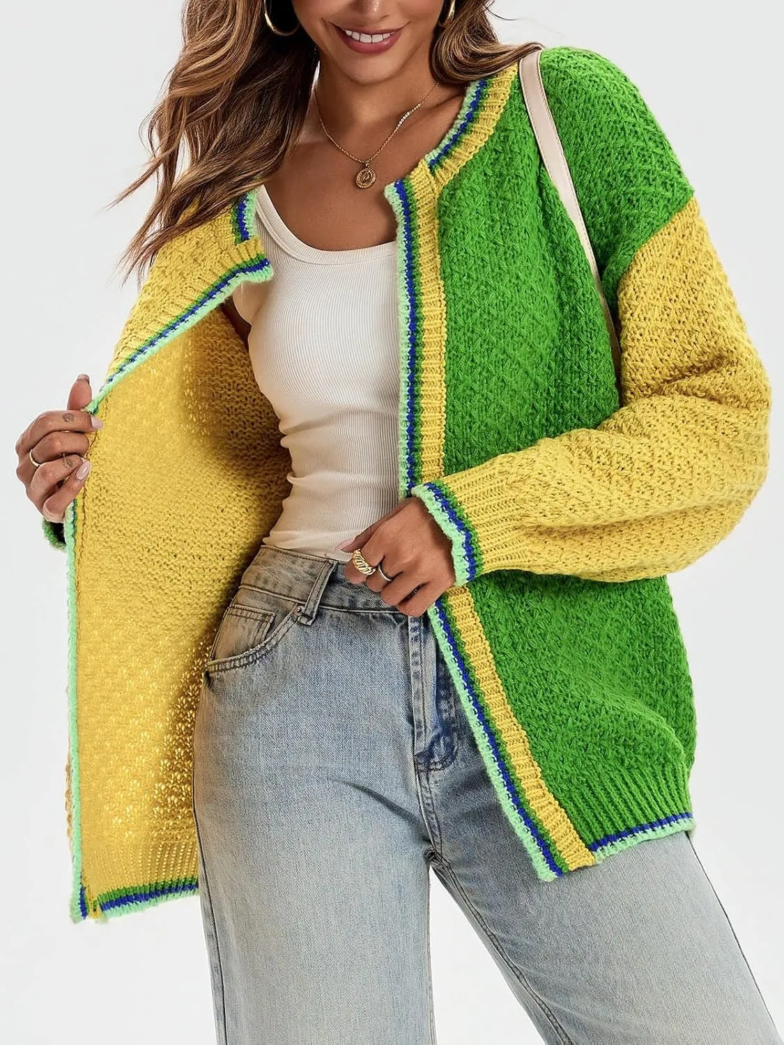 Saodimallsu Womens Color Block Cardigan Sweaters Open Front Chunky Knit Colorful Winter Sweater Coats