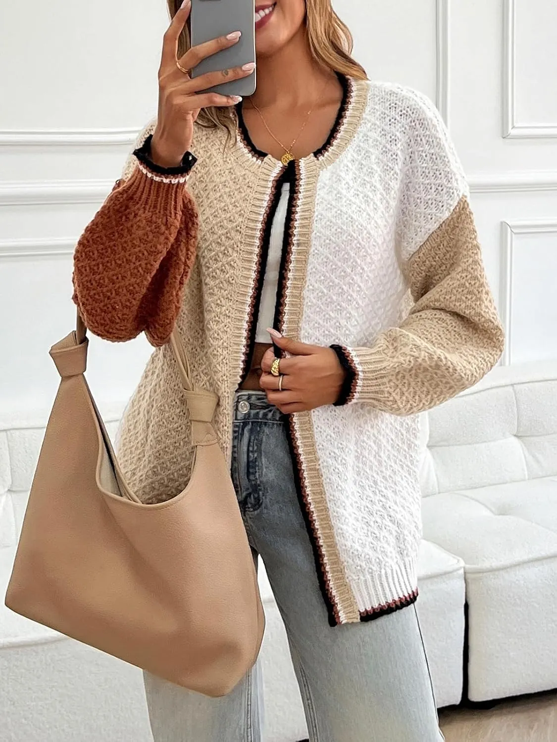 Saodimallsu Womens Color Block Cardigan Sweaters Open Front Chunky Knit Colorful Winter Sweater Coats