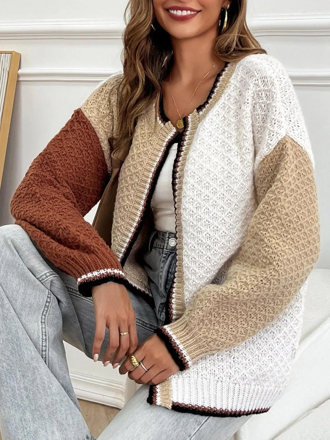 Saodimallsu Womens Color Block Cardigan Sweaters Open Front Chunky Knit Colorful Winter Sweater Coats