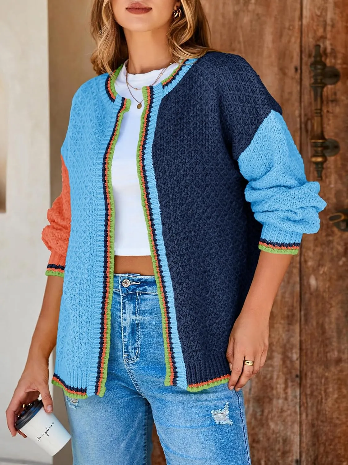 Saodimallsu Womens Color Block Cardigan Sweaters Open Front Chunky Knit Colorful Winter Sweater Coats