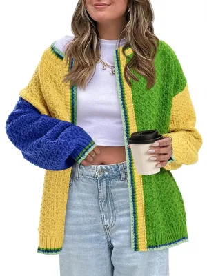 Saodimallsu Womens Color Block Cardigan Sweaters Open Front Chunky Knit Colorful Winter Sweater Coats