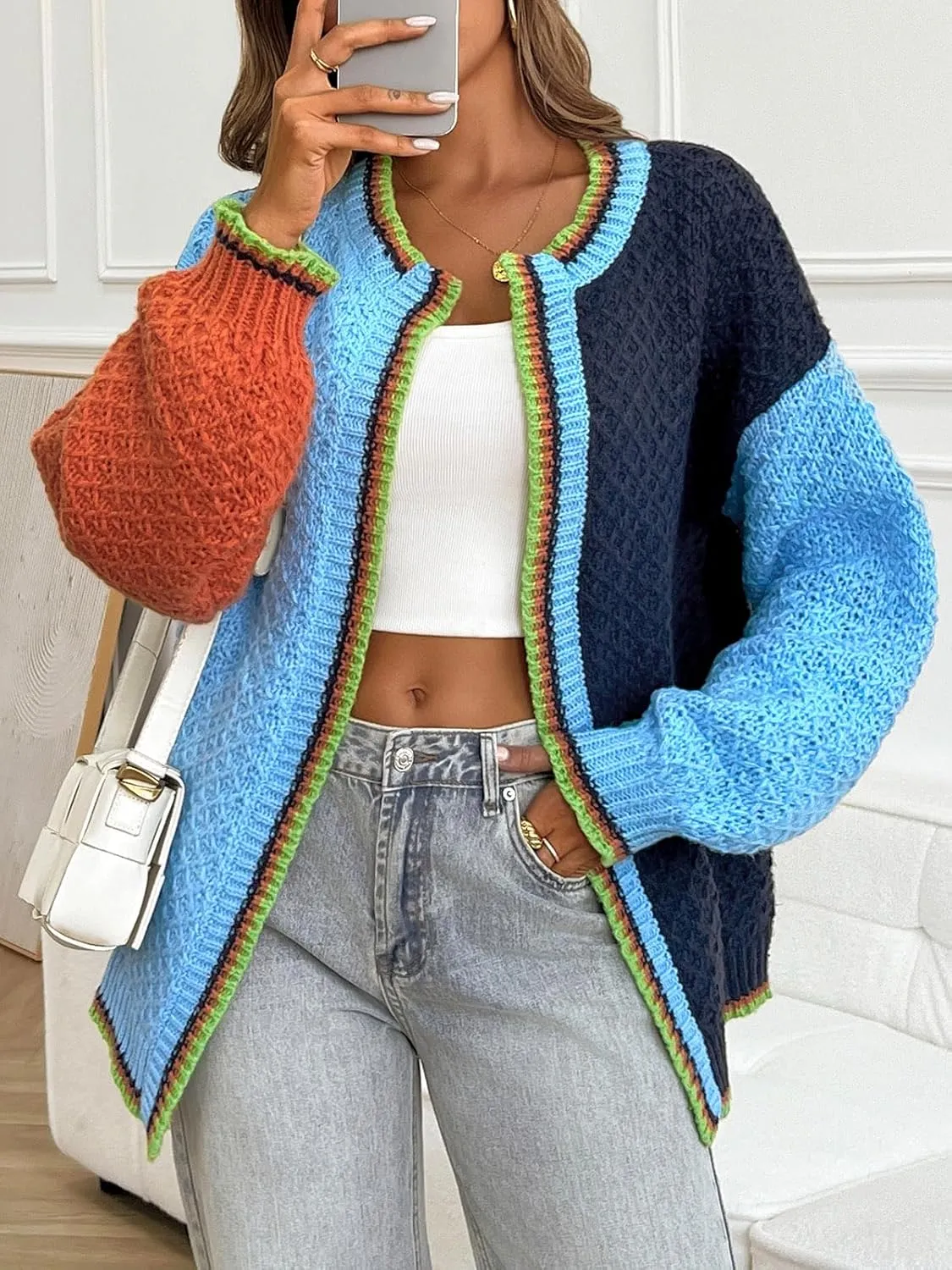 Saodimallsu Womens Color Block Cardigan Sweaters Open Front Chunky Knit Colorful Winter Sweater Coats