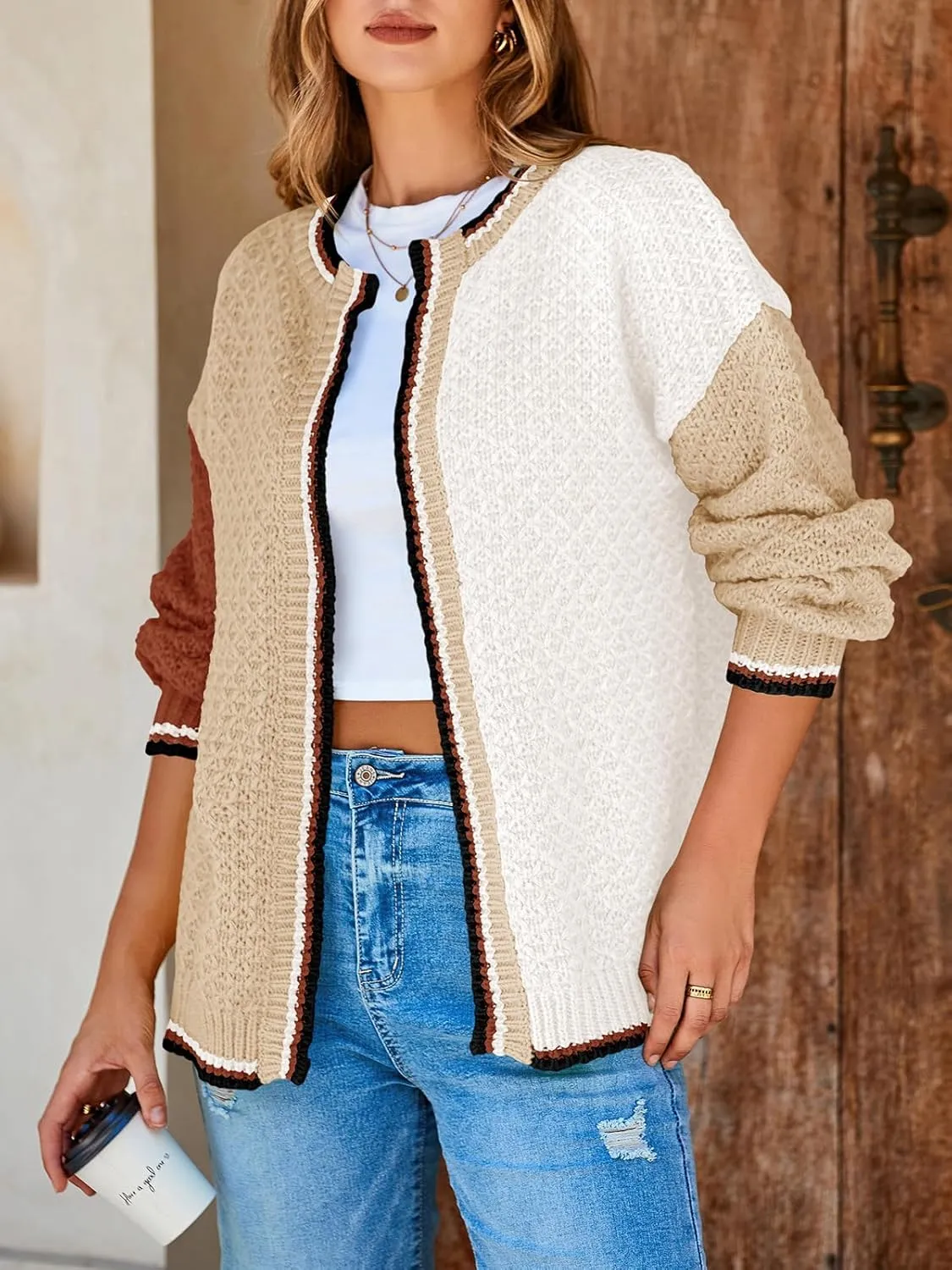 Saodimallsu Womens Color Block Cardigan Sweaters Open Front Chunky Knit Colorful Winter Sweater Coats