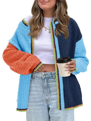 Saodimallsu Womens Color Block Cardigan Sweaters Open Front Chunky Knit Colorful Winter Sweater Coats