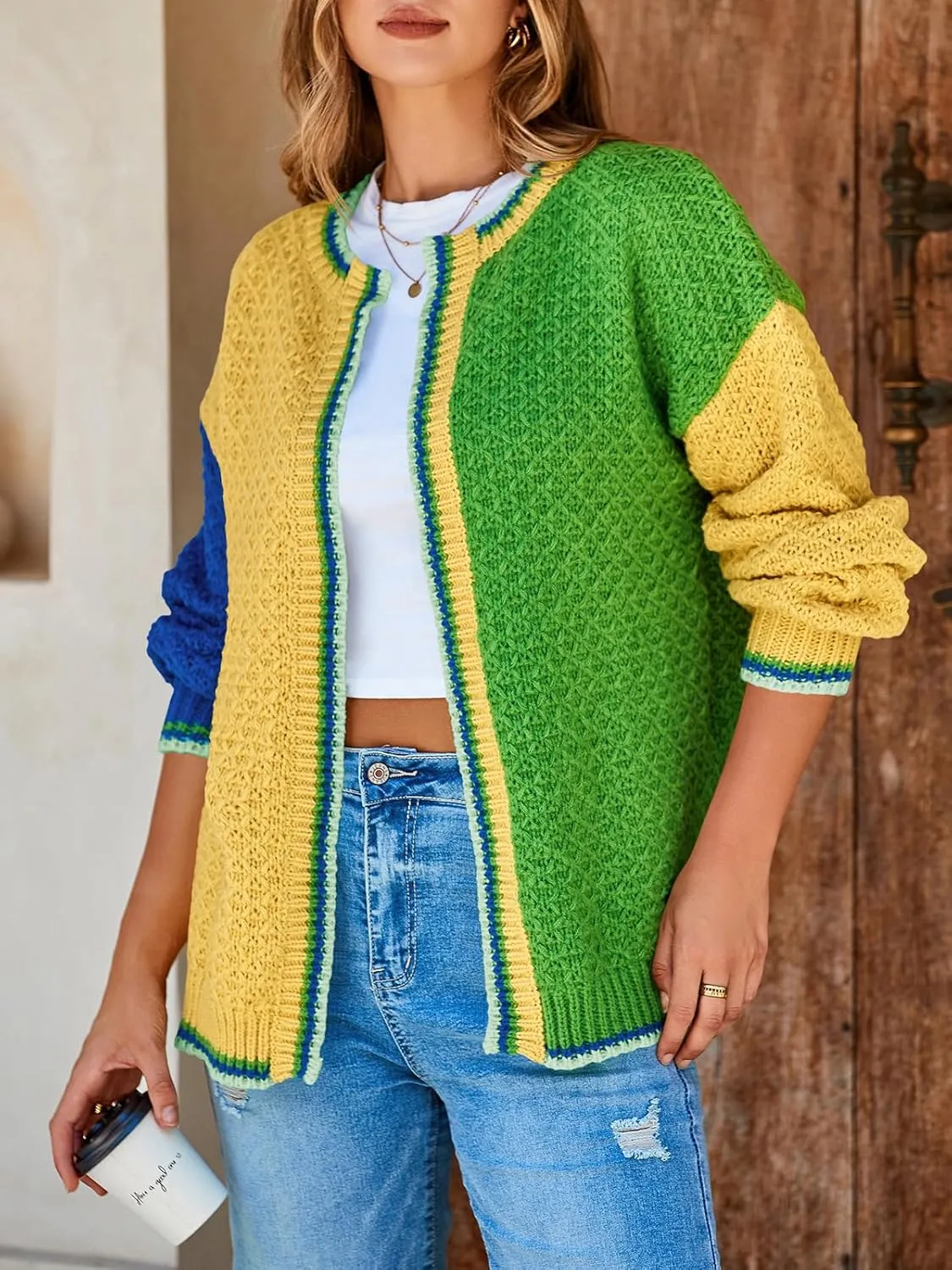 Saodimallsu Womens Color Block Cardigan Sweaters Open Front Chunky Knit Colorful Winter Sweater Coats
