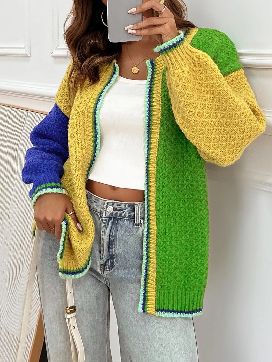 Saodimallsu Womens Color Block Cardigan Sweaters Open Front Chunky Knit Colorful Winter Sweater Coats