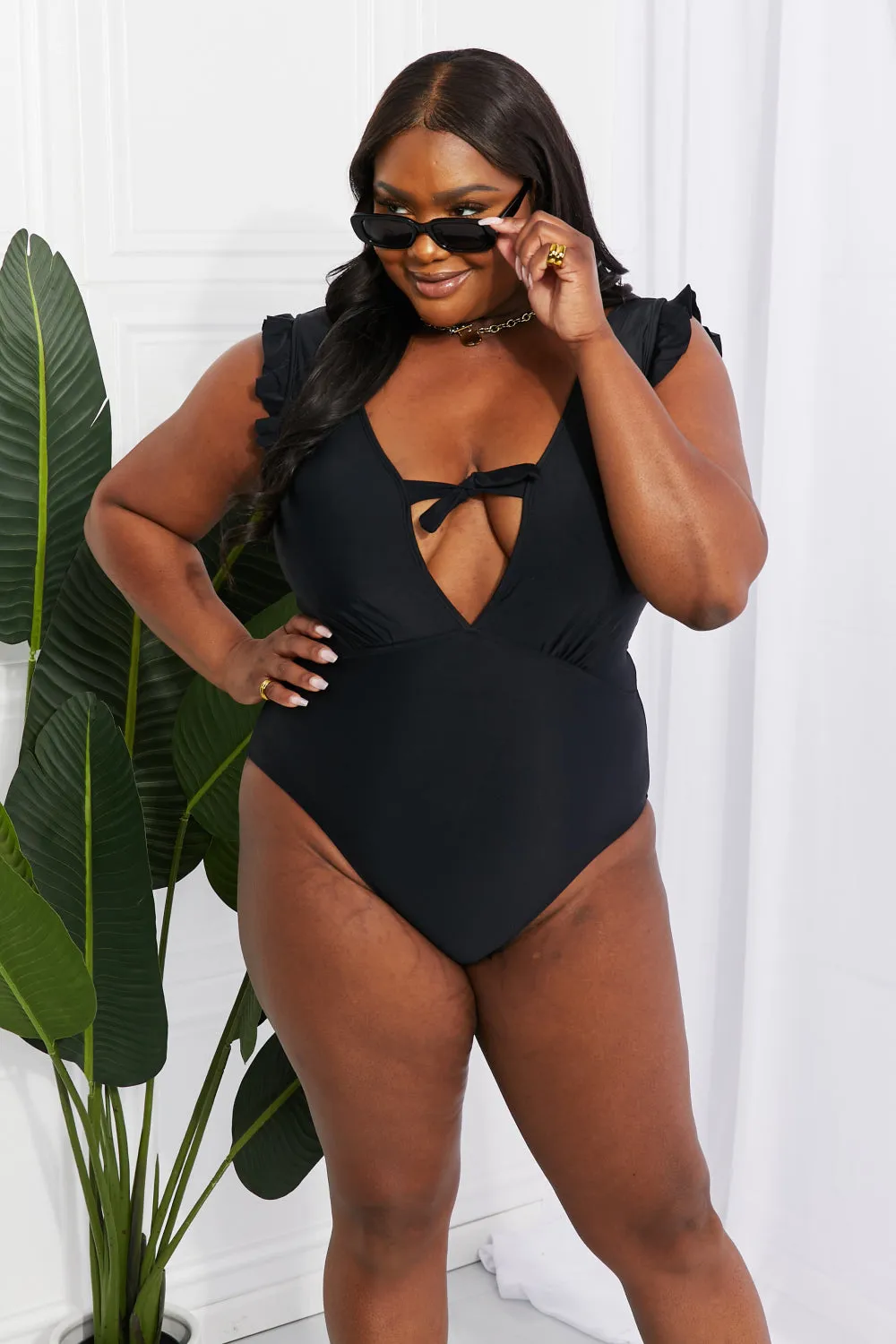 Seashell Ruffle Sleeve One-Piece in Black