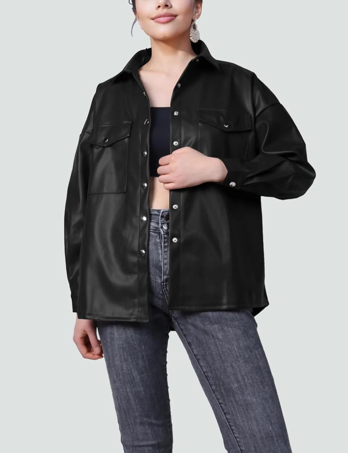 SeekMe Women's PU Leather Jacket Shacket Button Down Lapel Blazer Coat with Bust Pocket