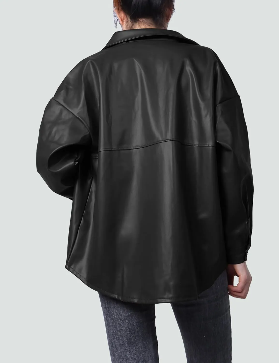 SeekMe Women's PU Leather Jacket Shacket Button Down Lapel Blazer Coat with Bust Pocket