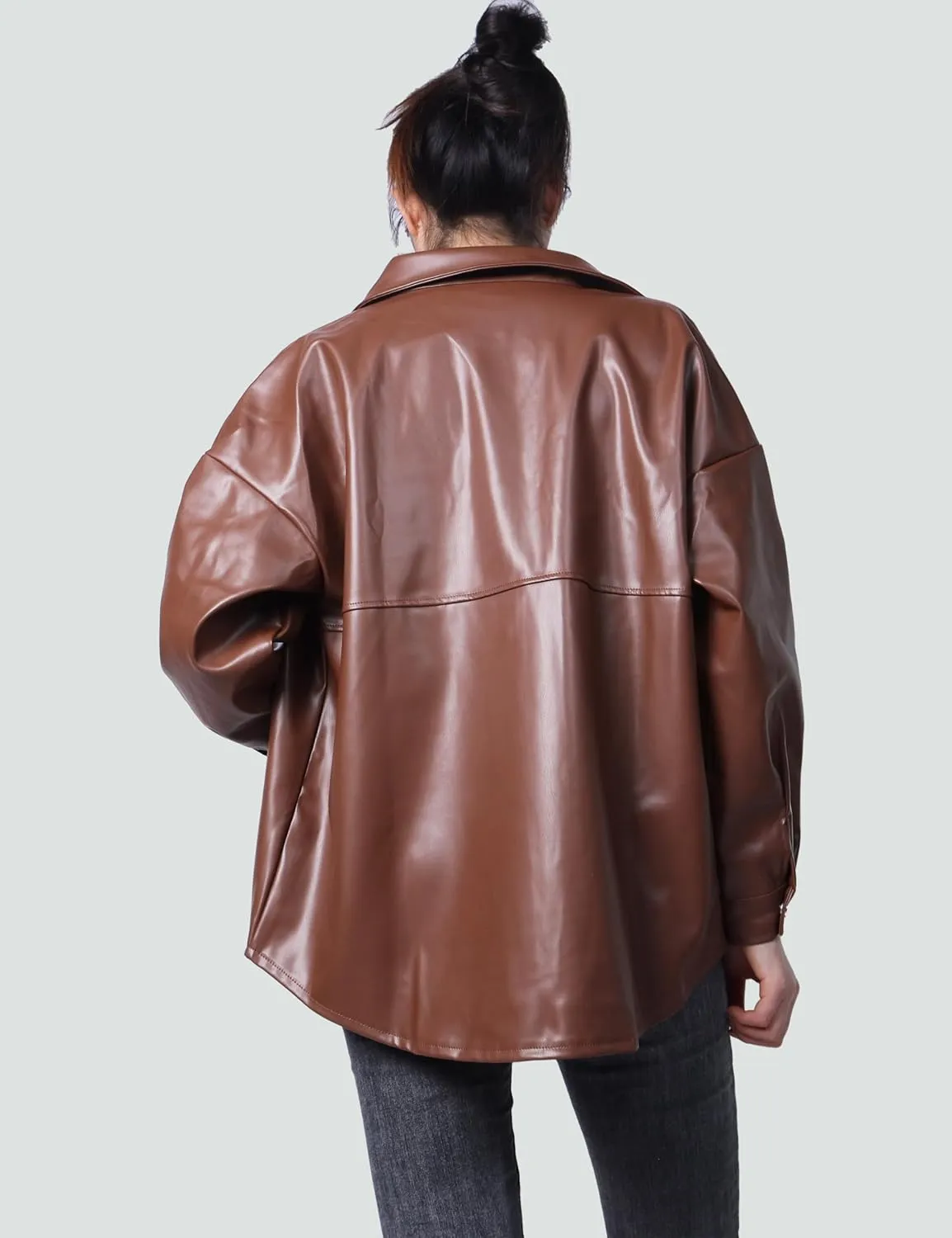 SeekMe Women's PU Leather Jacket Shacket Button Down Lapel Blazer Coat with Bust Pocket