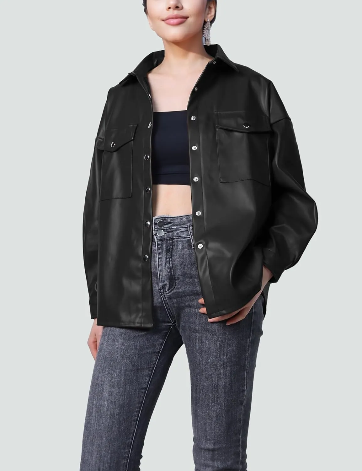 SeekMe Women's PU Leather Jacket Shacket Button Down Lapel Blazer Coat with Bust Pocket