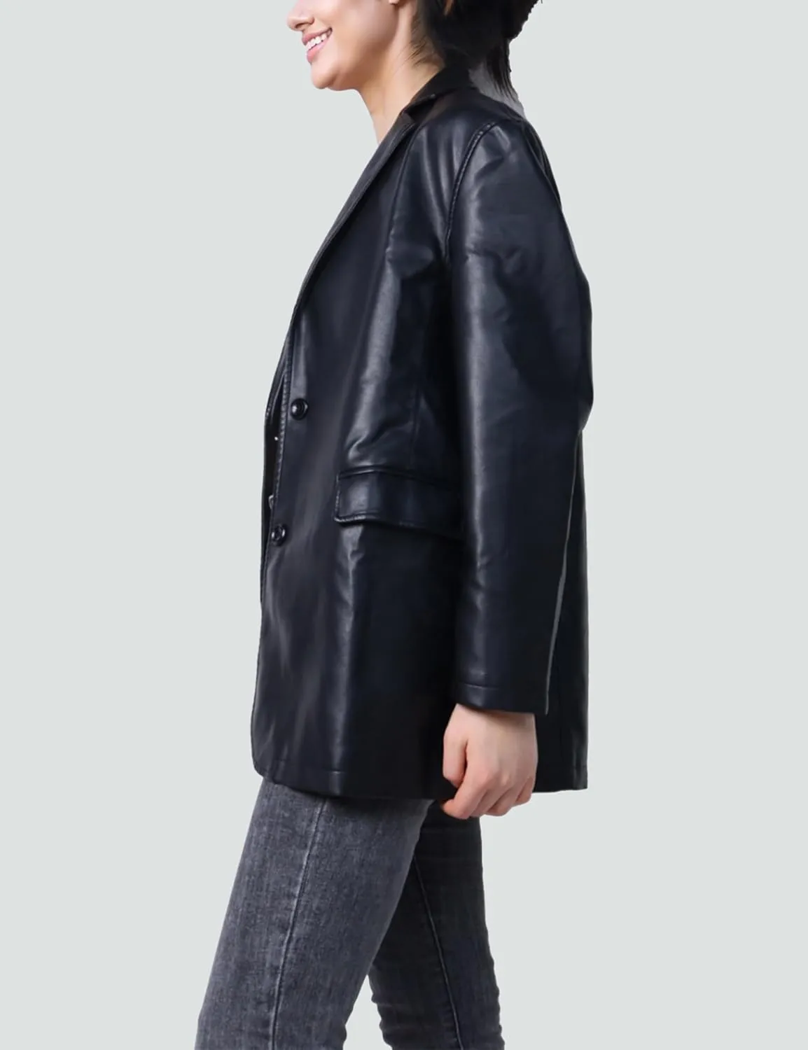 SeekMe Women's PU Leather Jacket Shacket Button Down Lapel Blazer Coat with Bust Pocket