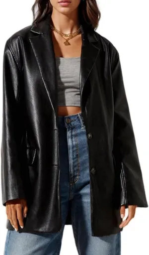 SeekMe Women's PU Leather Jacket Shacket Button Down Lapel Blazer Coat with Bust Pocket