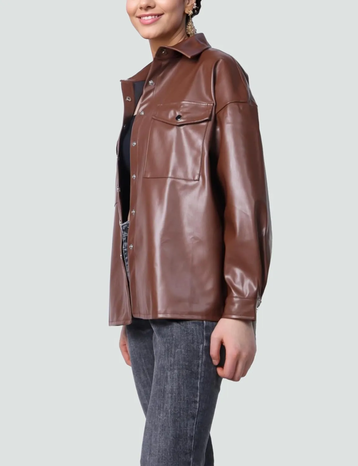 SeekMe Women's PU Leather Jacket Shacket Button Down Lapel Blazer Coat with Bust Pocket