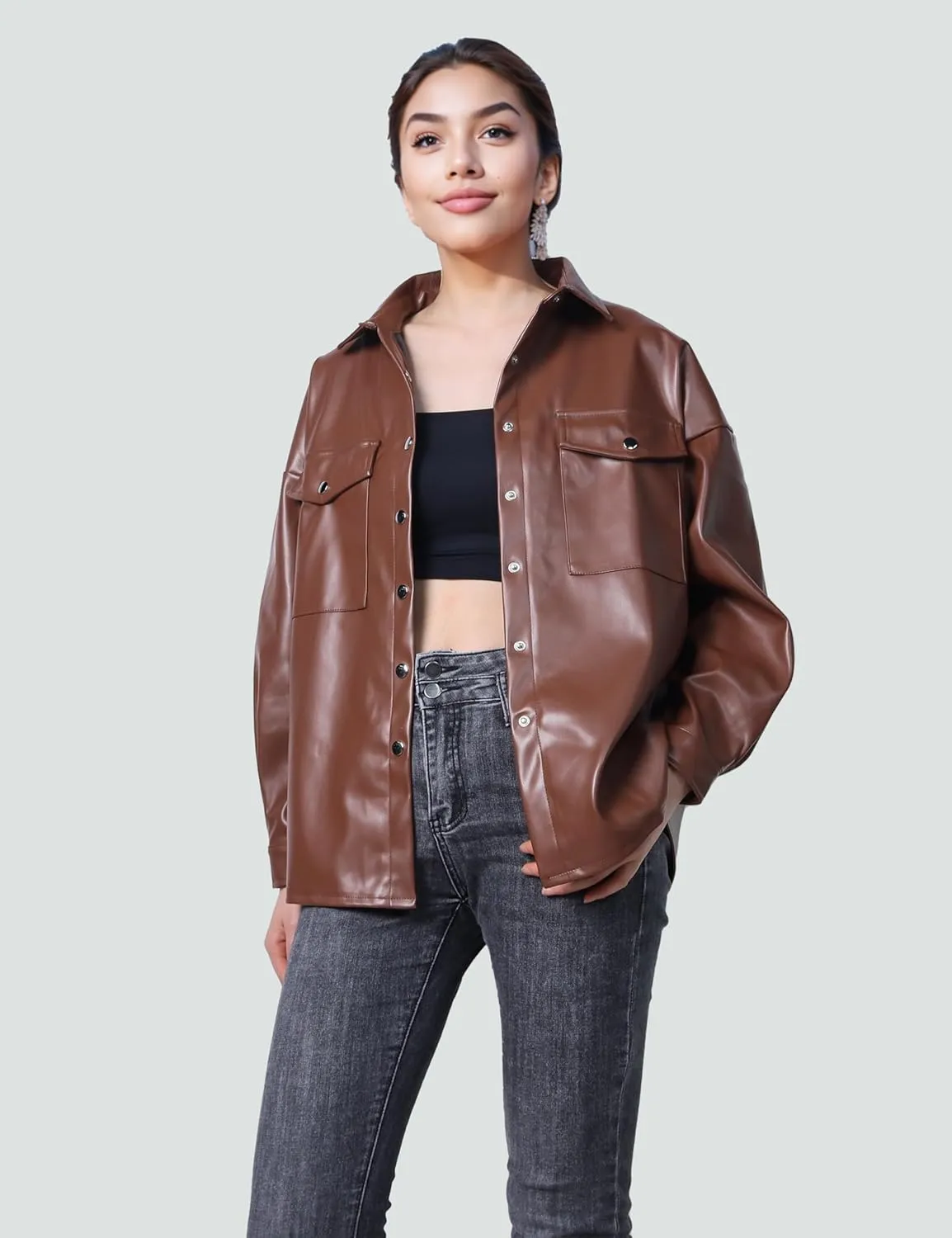 SeekMe Women's PU Leather Jacket Shacket Button Down Lapel Blazer Coat with Bust Pocket