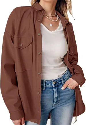 SeekMe Women's PU Leather Jacket Shacket Button Down Lapel Blazer Coat with Bust Pocket