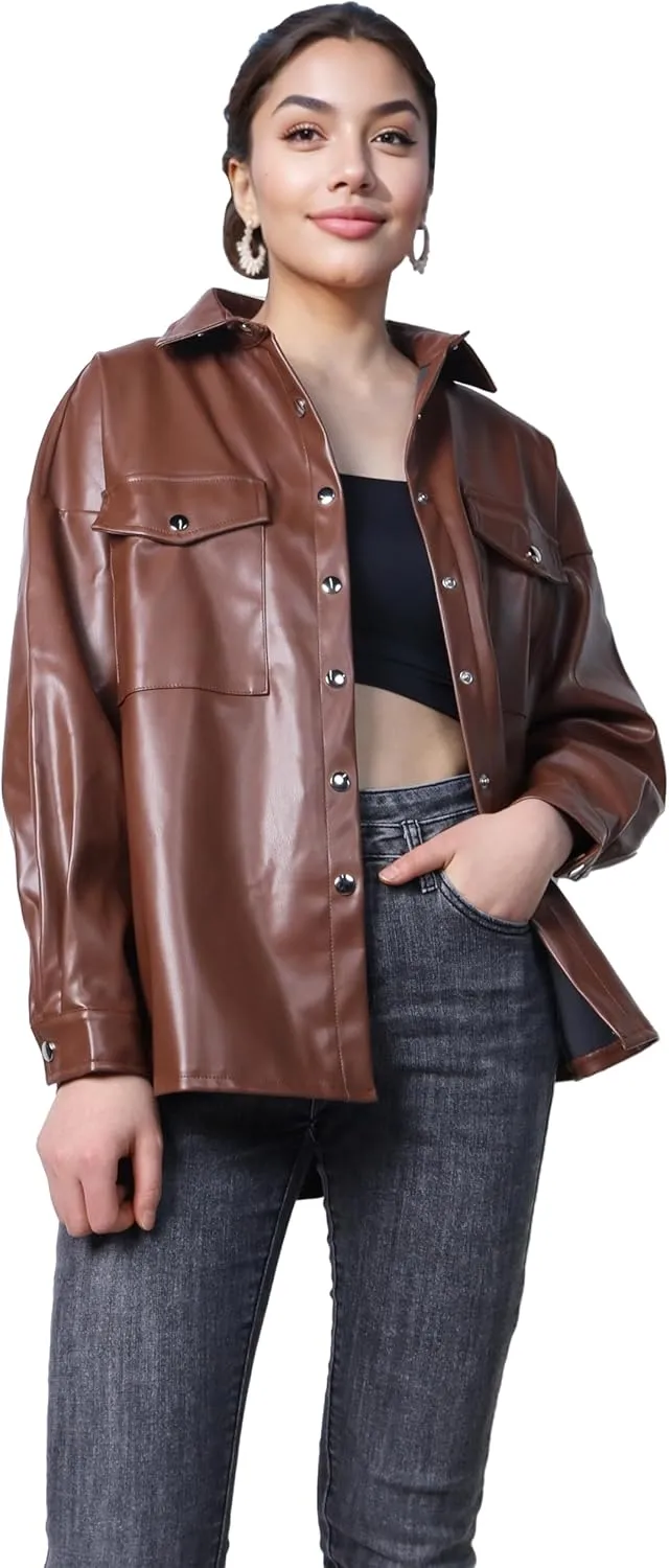 SeekMe Women's PU Leather Jacket Shacket Button Down Lapel Blazer Coat with Bust Pocket