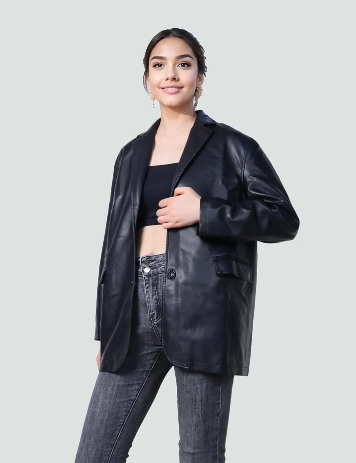 SeekMe Women's PU Leather Jacket Shacket Button Down Lapel Blazer Coat with Bust Pocket
