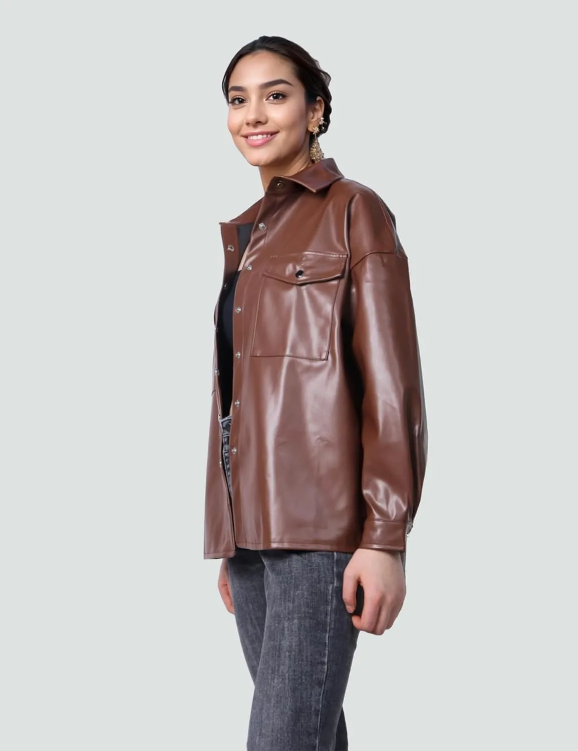 SeekMe Women's PU Leather Jacket Shacket Button Down Lapel Blazer Coat with Bust Pocket
