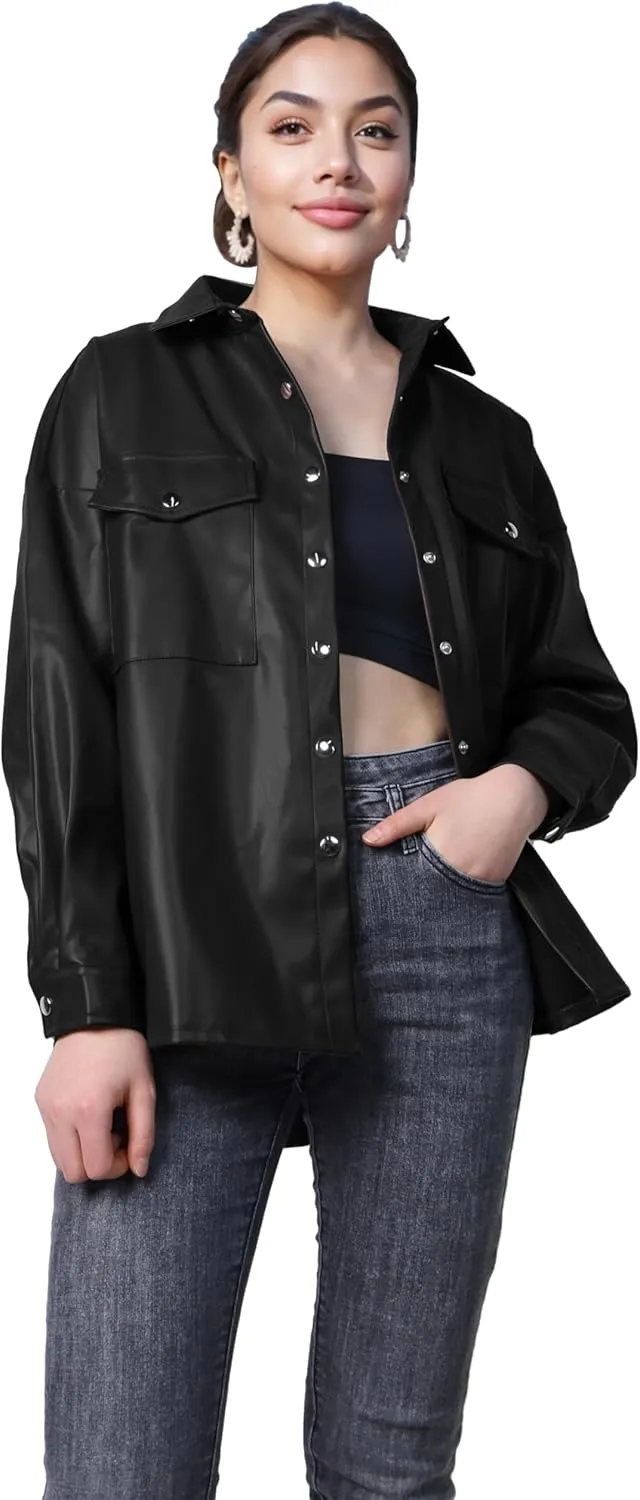 SeekMe Women's PU Leather Jacket Shacket Button Down Lapel Blazer Coat with Bust Pocket