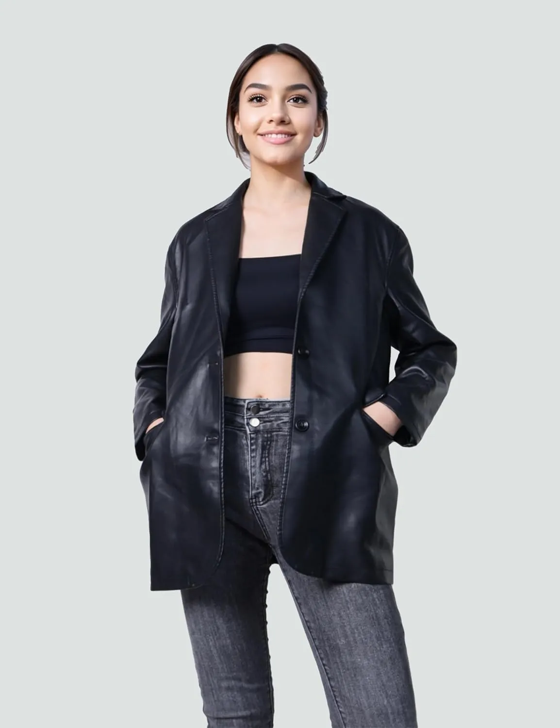 SeekMe Women's PU Leather Jacket Shacket Button Down Lapel Blazer Coat with Bust Pocket