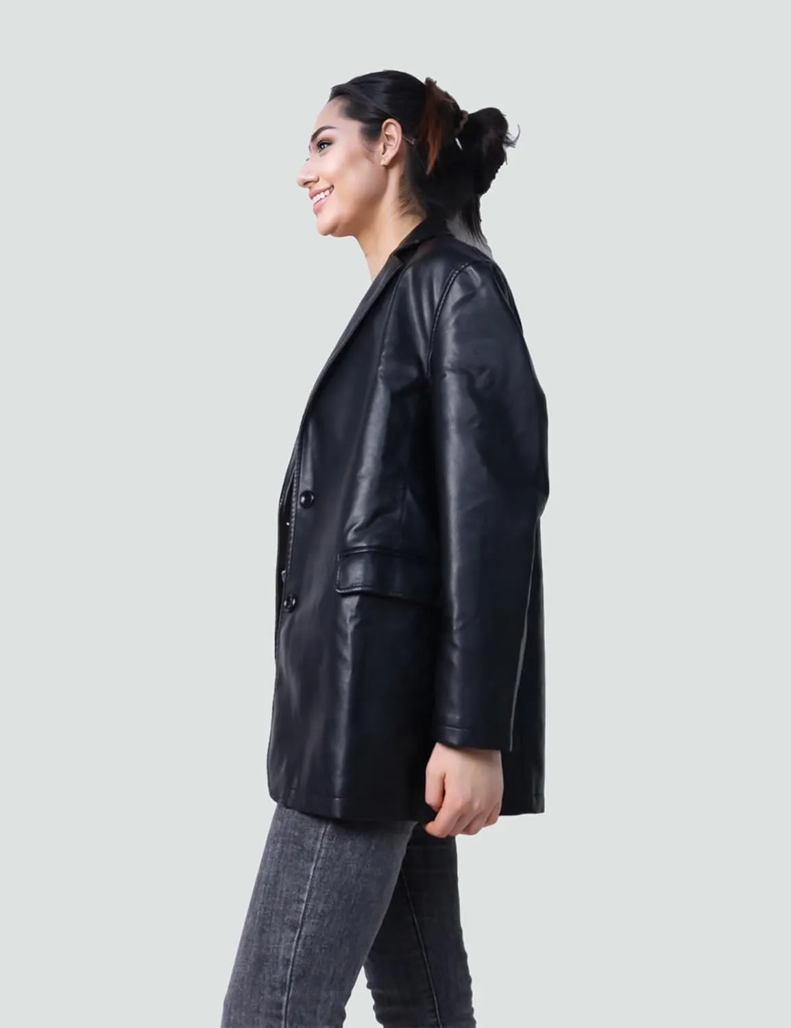 SeekMe Women's PU Leather Jacket Shacket Button Down Lapel Blazer Coat with Bust Pocket