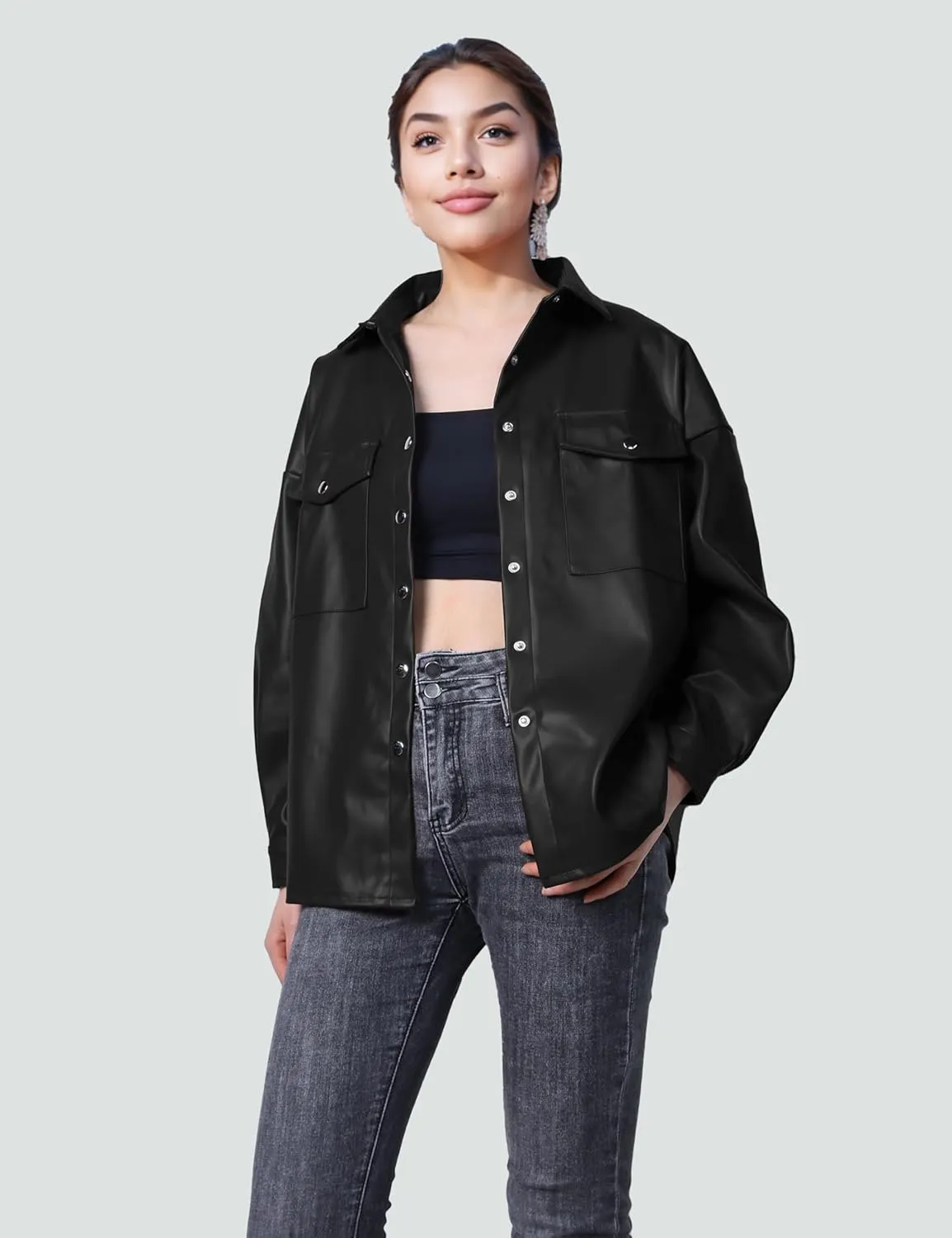 SeekMe Women's PU Leather Jacket Shacket Button Down Lapel Blazer Coat with Bust Pocket