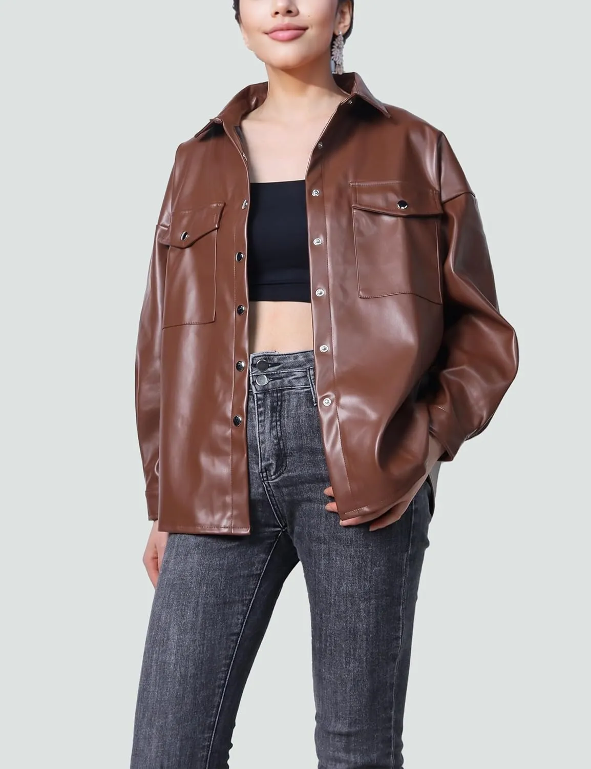 SeekMe Women's PU Leather Jacket Shacket Button Down Lapel Blazer Coat with Bust Pocket