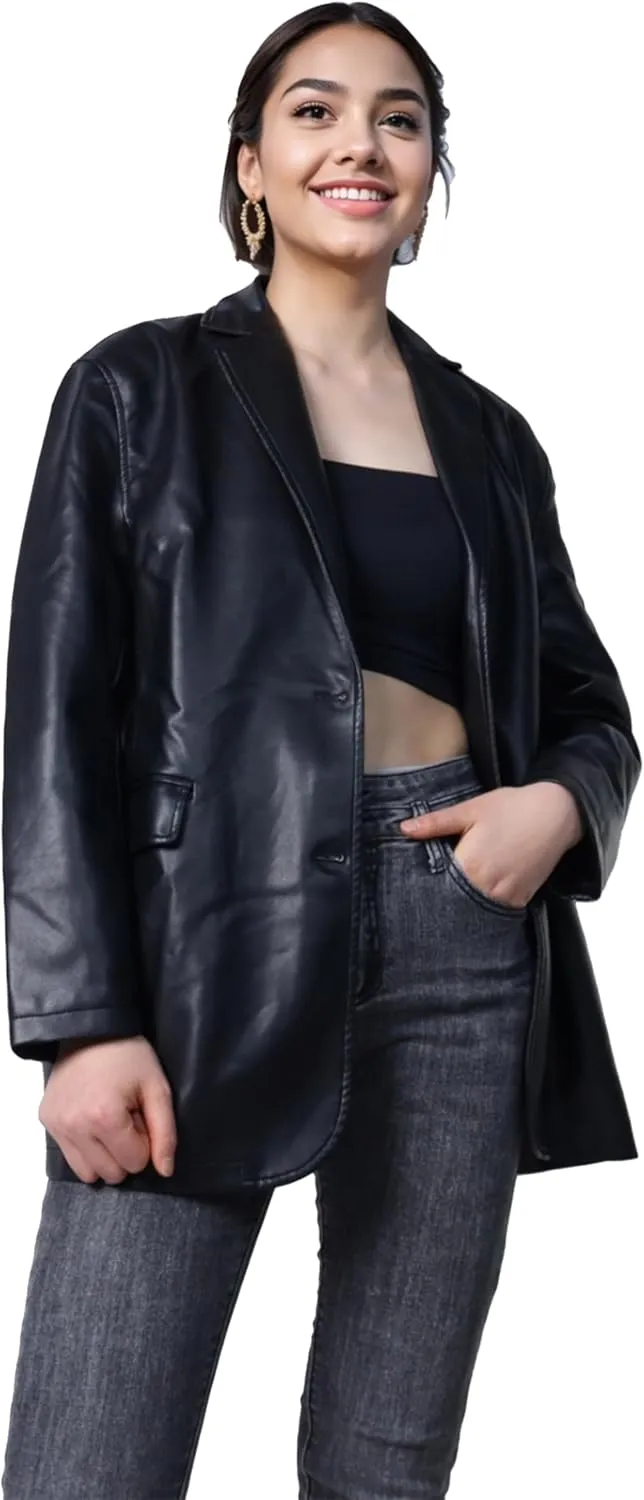 SeekMe Women's PU Leather Jacket Shacket Button Down Lapel Blazer Coat with Bust Pocket