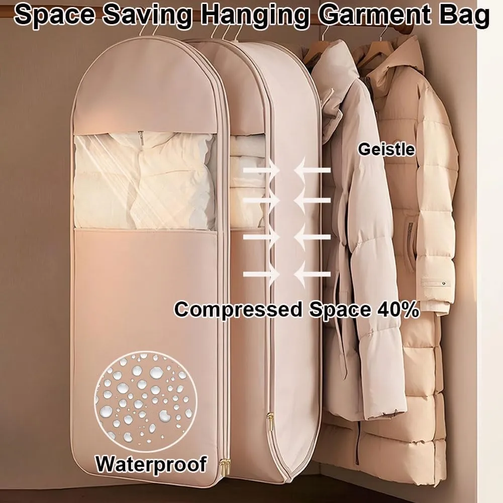 Self-Compression Hanging Garment Bag for Coats | Large Dust Cover | Beige(Pink,X-Large)