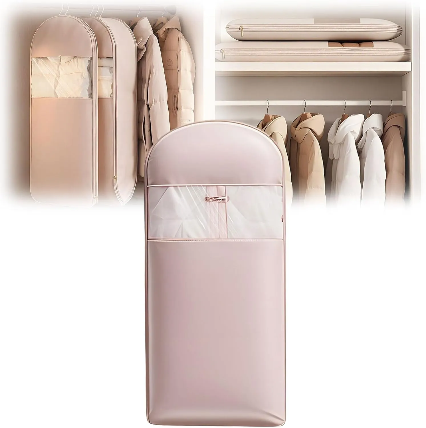 Self-Compression Hanging Garment Bag for Coats | Large Dust Cover | Beige(Pink,X-Large)