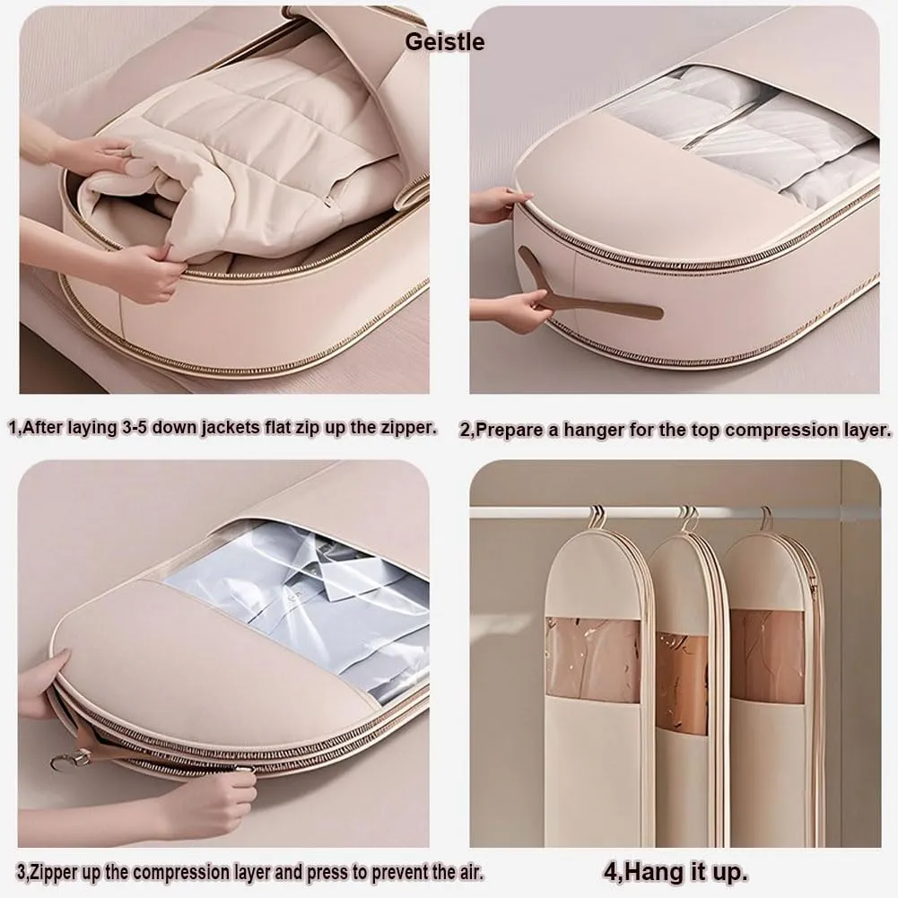 Self-Compression Hanging Garment Bag for Coats | Large Dust Cover | Beige(Pink,X-Large)