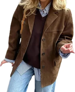 SEMATOMALA Women's Y2K Faux Suede Jacket Blazer Dark Brown Button Down Boyfriend Fall Winter Shacket Coat