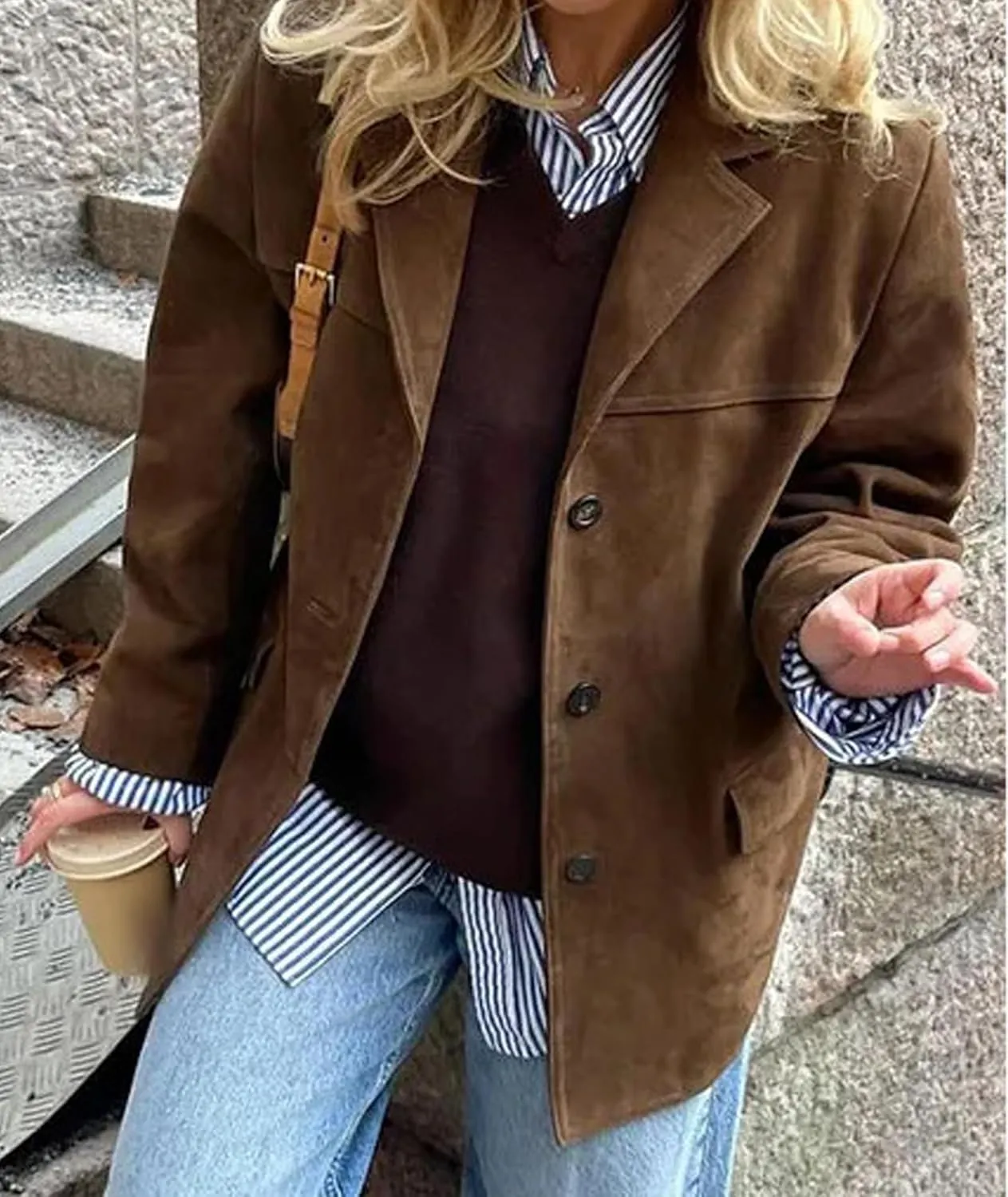 SEMATOMALA Women's Y2K Faux Suede Jacket Blazer Dark Brown Button Down Boyfriend Fall Winter Shacket Coat