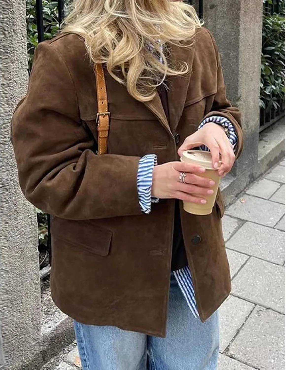 SEMATOMALA Women's Y2K Faux Suede Jacket Blazer Dark Brown Button Down Boyfriend Fall Winter Shacket Coat