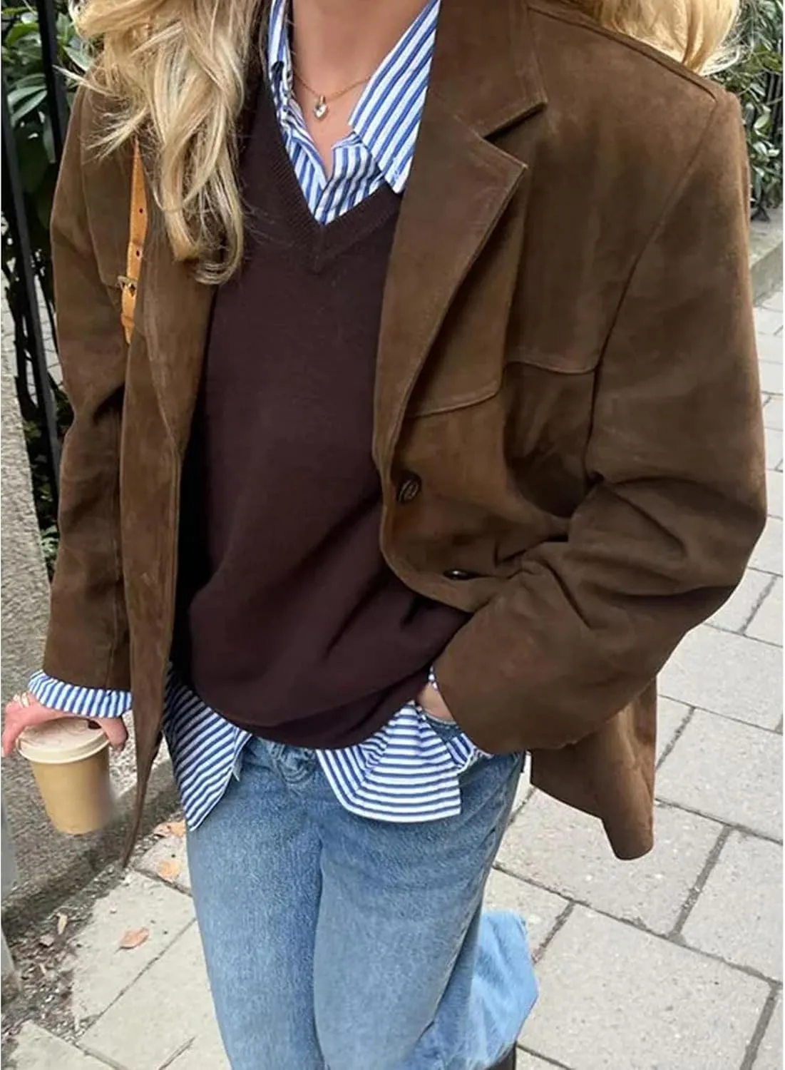 SEMATOMALA Women's Y2K Faux Suede Jacket Blazer Dark Brown Button Down Boyfriend Fall Winter Shacket Coat