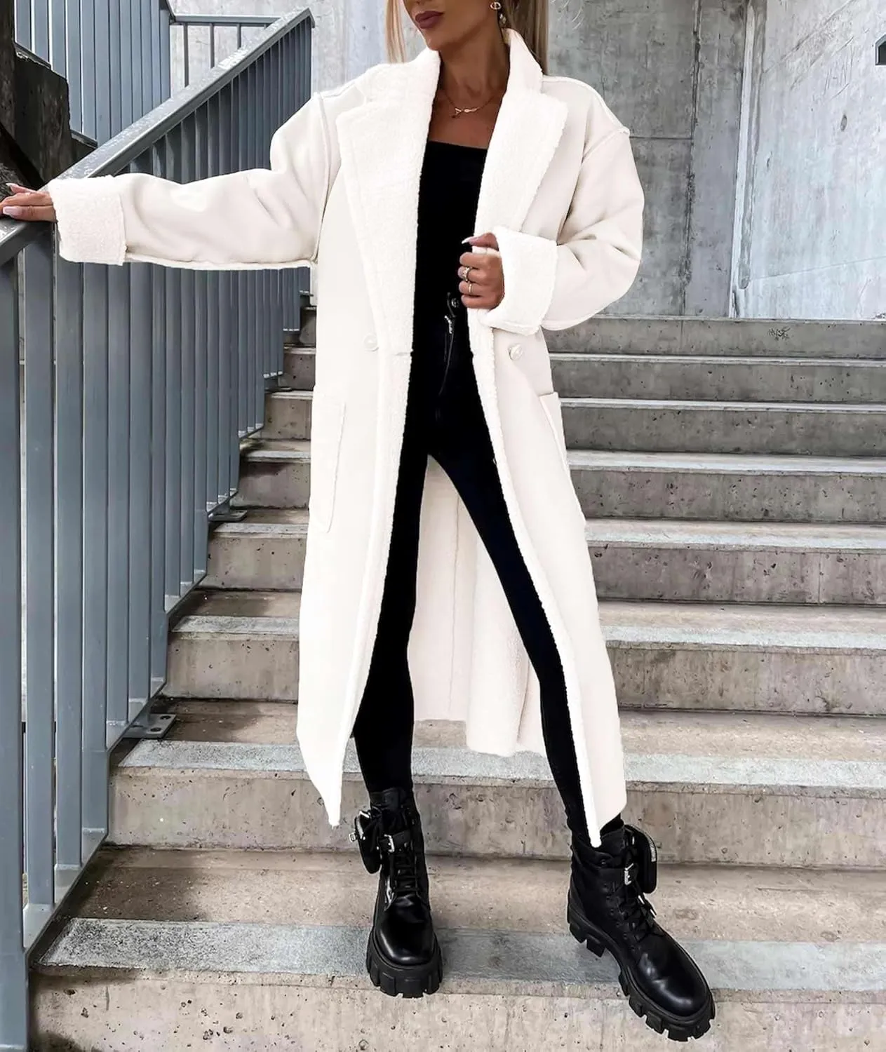 Sexyshine Women's Faux Shearing Long Jacket Moto Bomber Sherpa-Lined Winter Faux Leather Coat Outerwear with Belt