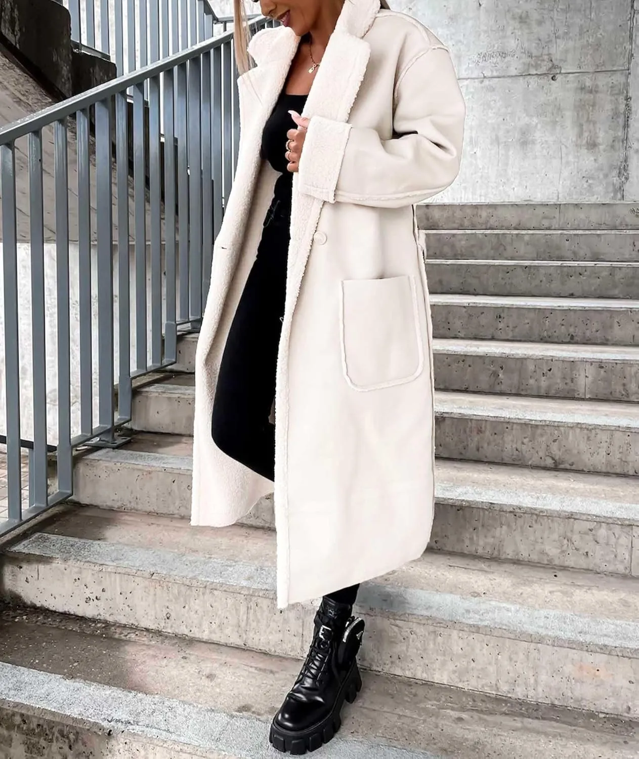 Sexyshine Women's Faux Shearing Long Jacket Moto Bomber Sherpa-Lined Winter Faux Leather Coat Outerwear with Belt